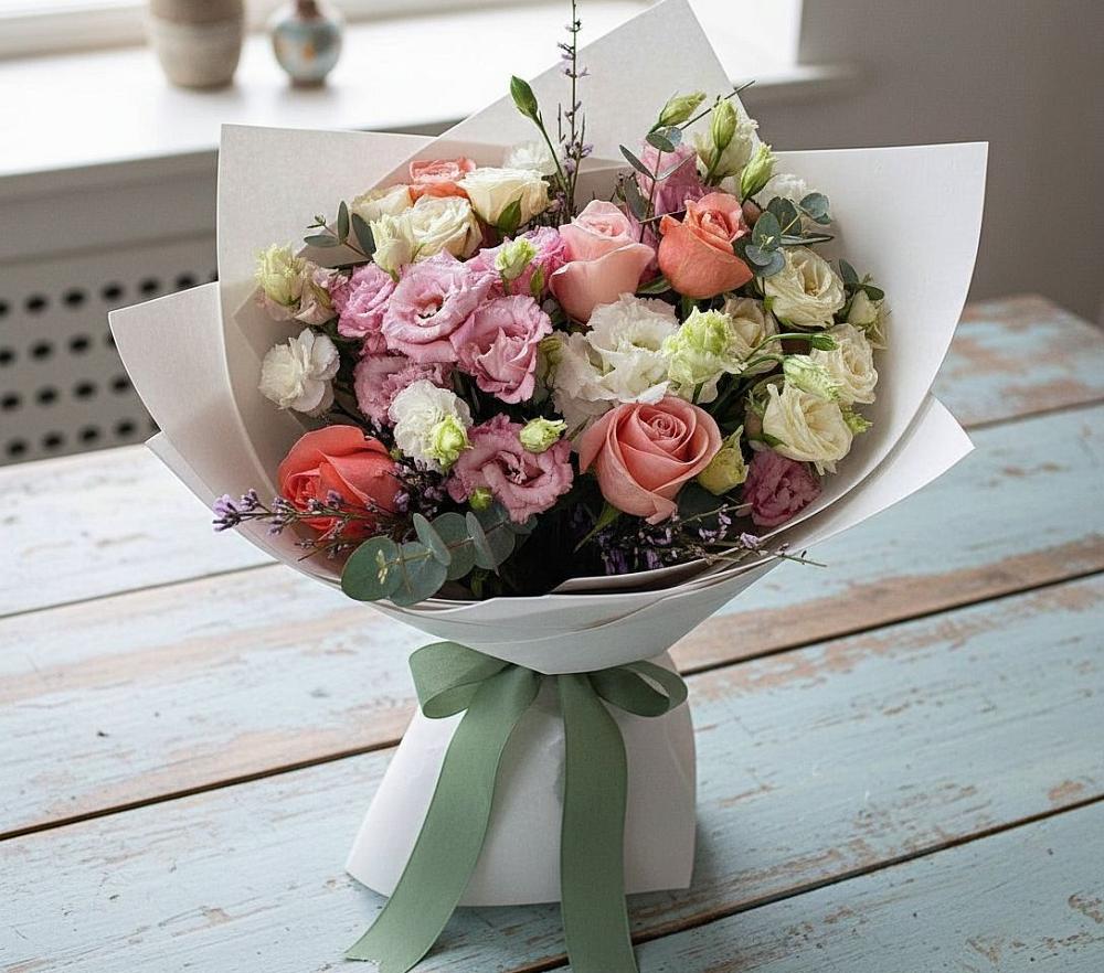 Букет цветов из: Розы, Лизиантусы и Гвоздики в Зарево