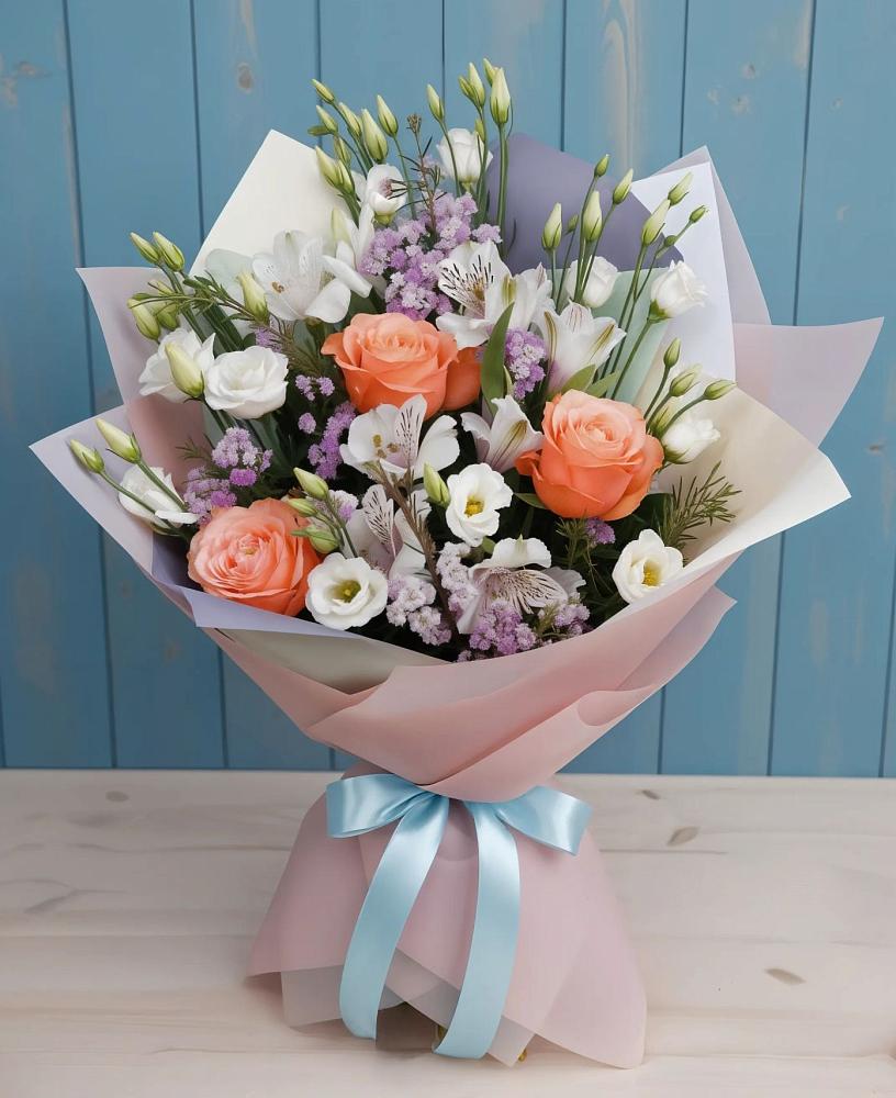 Букет цветов из: Лизиантусы, Розы, Альстромерии и Гипсофила в Зарево