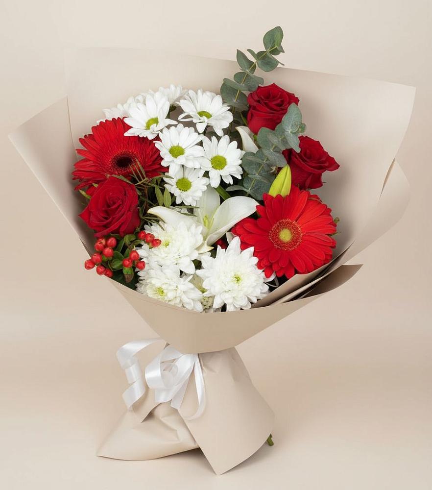 Букет цветов из: Розы, Хризантемы, Герберы и Лилии в Зарево