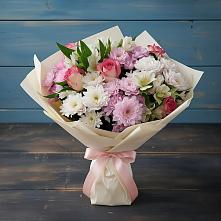 Букет цветов из:  Хризантемы, Альстромерии и Розы #REPLACE_PRED# Зарево