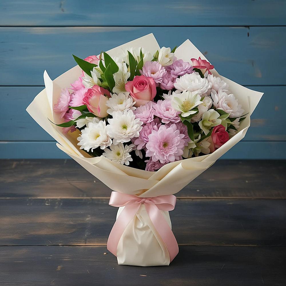 Букет цветов из: Хризантемы, Альстромерии и Розы в Зарево